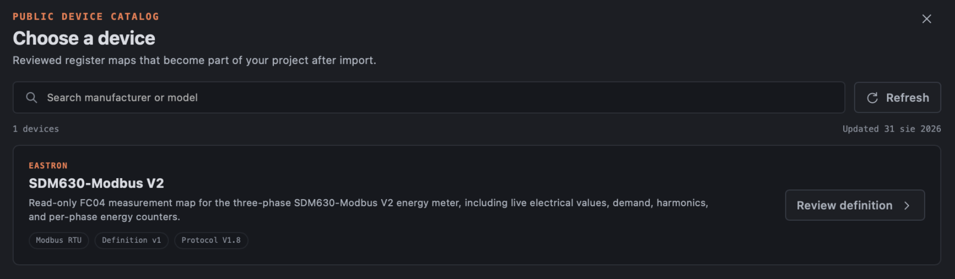 Busloom public device catalogue showing the Eastron SDM630-Modbus V2 definition