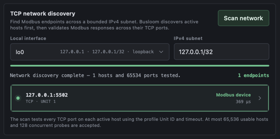 Busloom TCP network discovery showing a confirmed Modbus endpoint at 127.0.0.1 port 5502