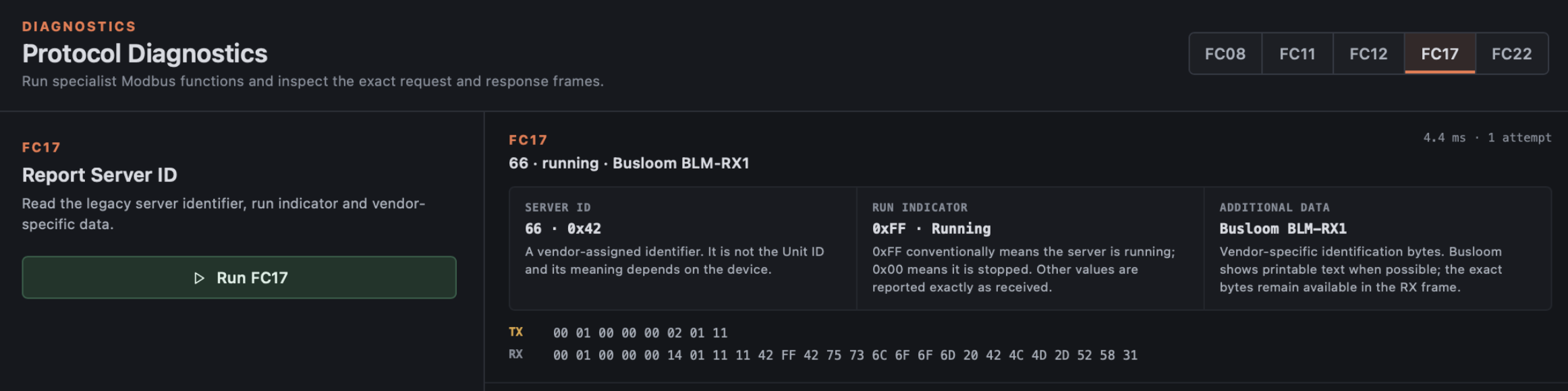 Busloom Protocol Diagnostics decoding an FC17 Report Server ID response while retaining TX and RX frames